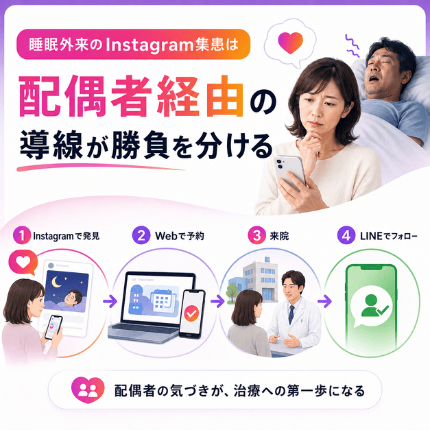 夫のいびきを心配する配偶者がInstagramで睡眠外来を見つけ、Web予約から来院、LINEフォローへ進む導線を示したイラスト