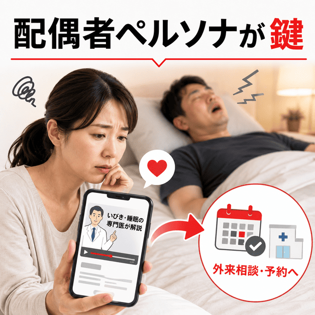 夫のいびきを心配する配偶者がスマートフォンで睡眠外来の解説動画を見て受診を検討する様子