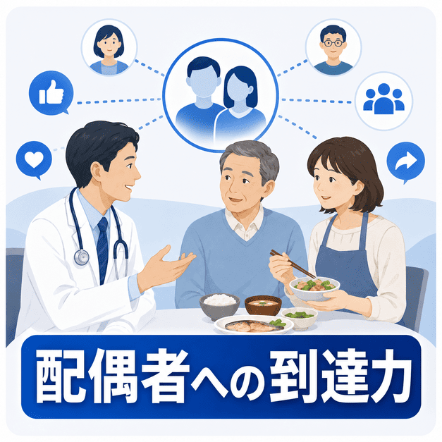 糖尿病患者と配偶者が医師から食事管理の説明を受け、Facebookを通じた配偶者への情報到達を表したイラスト