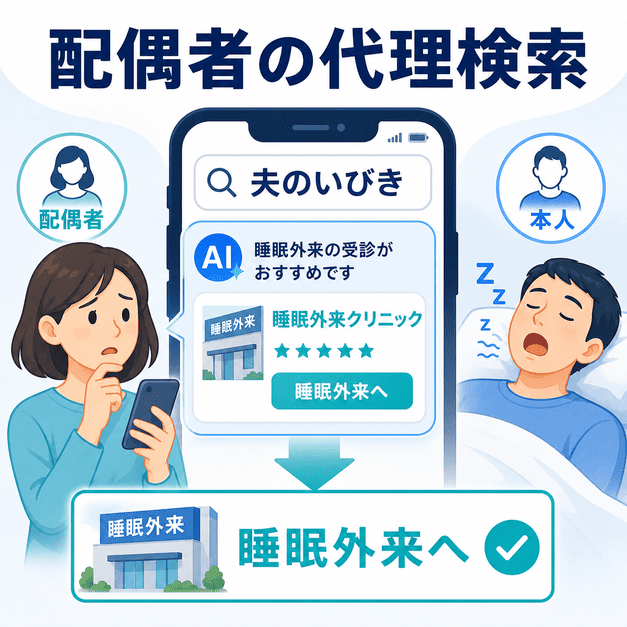 配偶者が夫のいびきを心配してスマホで検索し、睡眠外来の受診につながる流れを示した図解
