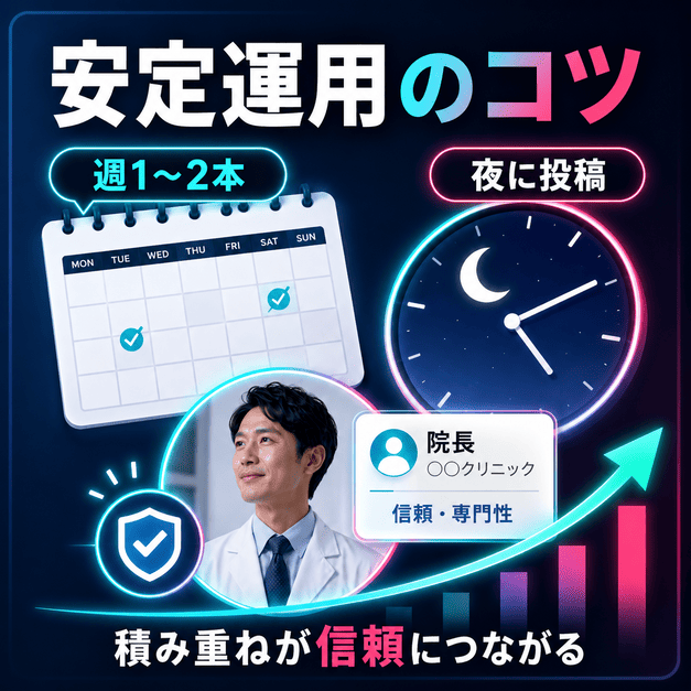 投稿頻度、夜の投稿タイミング、院長ブランディングによってTikTok運用を安定させる流れを表したイラスト