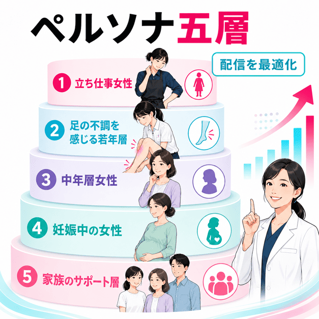 立ち仕事女性、若年女性、中高年女性、妊婦、家族支援層を五層に分けて配信設計するイメージ