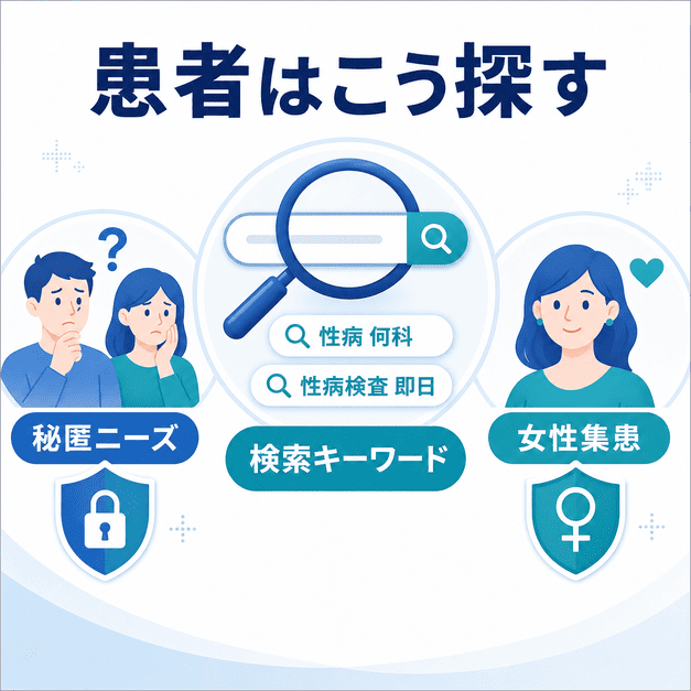 性病検査を検討する患者が「性病 何科」「性病検査 即日」などの検索キーワードで病院を探す流れを示した画像