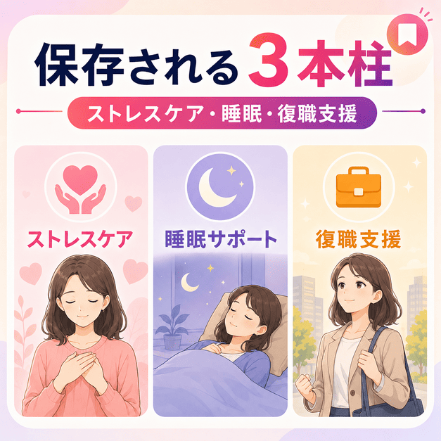心療内科Instagramで保存されやすいストレスケア・睡眠サポート・復職支援の3本柱を表したイラスト