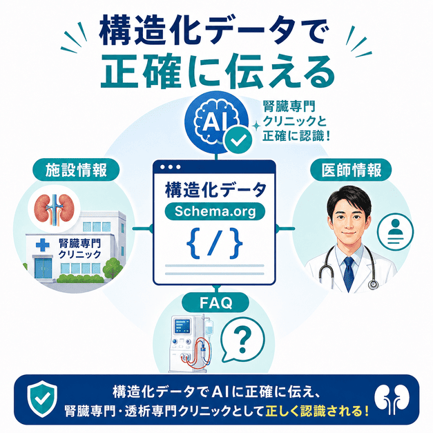 構造化データで施設情報・医師情報・FAQをAIに正確に伝え、腎臓専門クリニックとして認識させる図解
