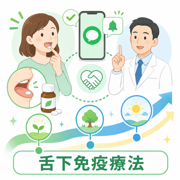 舌下免疫療法の服薬リマインドと長期継続をLINEで支援する様子