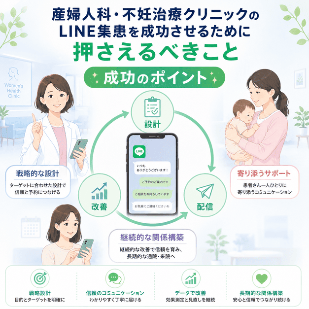 産婦人科・不妊治療クリニックのLINE集患を成功させるための設計、配信、改善、長期的な関係構築のポイントをまとめたイラスト