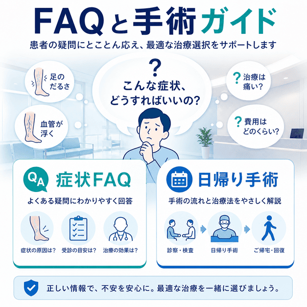 症状FAQと日帰り手術ガイドで患者の疑問に答え、治療選択を支援する流れを示した図
