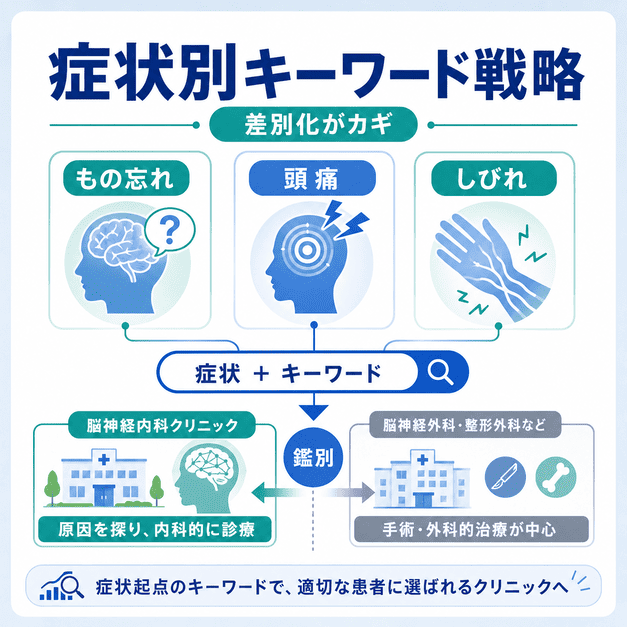 もの忘れ、頭痛、しびれなどの症状別キーワードを起点に、脳神経内科と他科を差別化するSEO戦略を示したイラスト