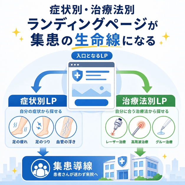 症状別ページと治療法別ページを用意して患者の検索意図に合う受け皿を作る流れを示した図
