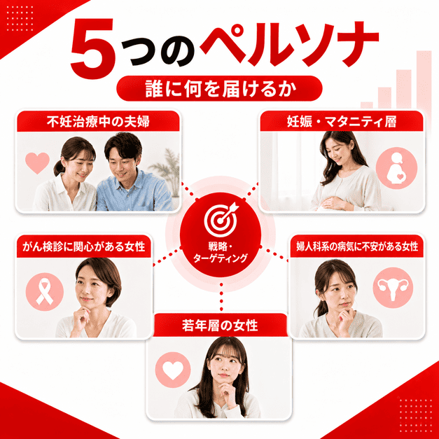 不妊治療中の夫婦や妊婦など5つのペルソナを分類して動画戦略を考えるイラスト