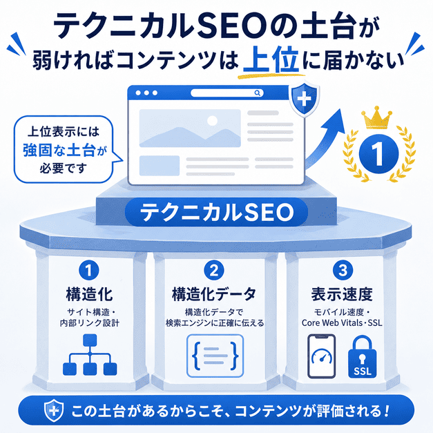 サイト構造・構造化データ・表示速度などテクニカルSEOの土台が検索評価を支えることを示した図