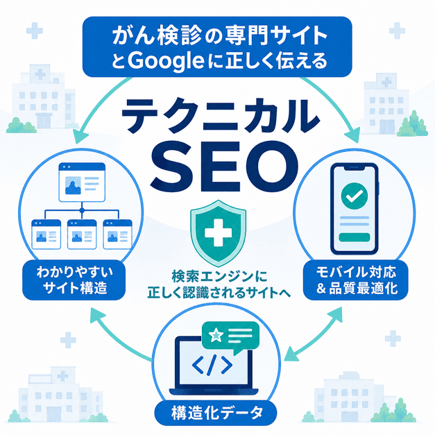 サイト構造・構造化データ・モバイル対応により、がん検診の専門サイトとして検索エンジンに伝えることを示した図解