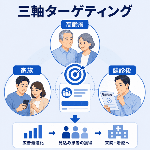 高齢層・家族・健診後ペルソナの三軸でFacebook広告を設計する様子を示すイラスト