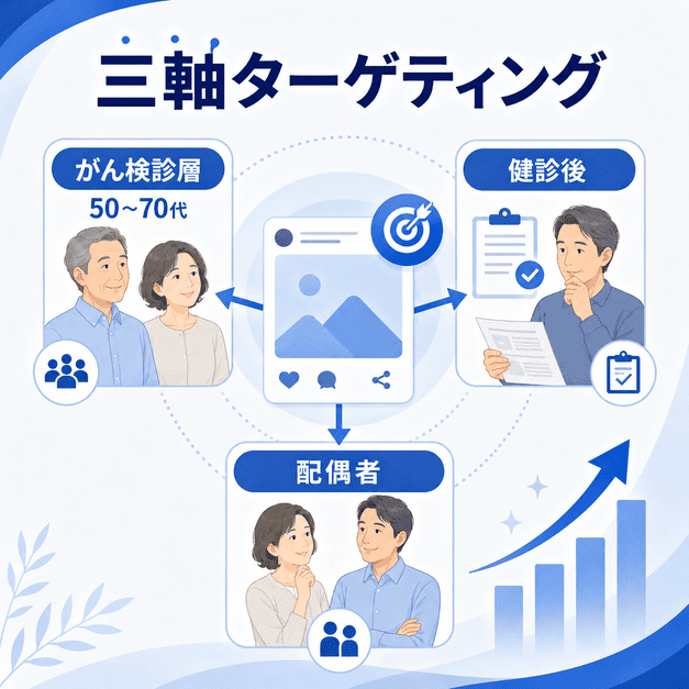 Facebook広告でがん検診層、健診後、配偶者の三軸ターゲティングを行う流れを示した消化器内科向け広告戦略のイラスト