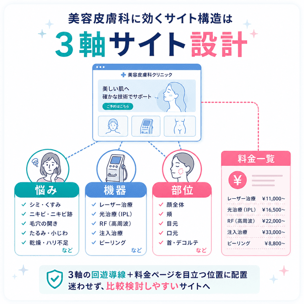 美容皮膚科サイトを悩み、機器、部位の3軸で設計し、料金一覧ページを目立たせる構造を示した図