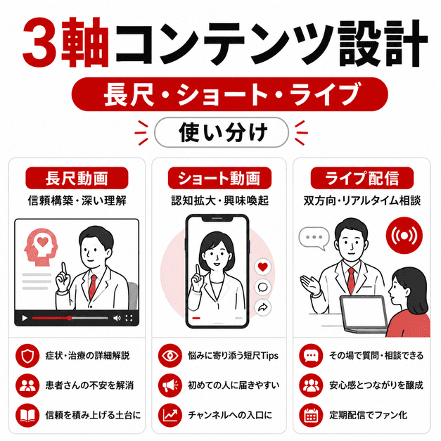 心療内科のYouTube運用で長尺動画・ショート動画・ライブ配信を使い分ける3軸コンテンツ設計の図