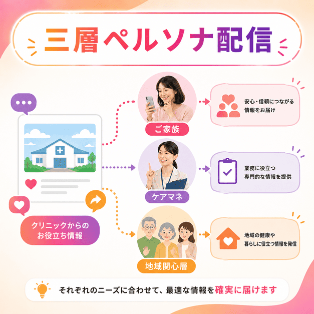 家族、ケアマネ、地域関心層の三層ペルソナに合わせて配信内容を分ける設計を示したイラスト