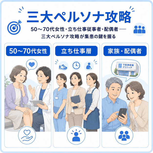 50〜70代女性、立ち仕事従事者、配偶者・家族の三大ペルソナを分けて集患設計する様子を示したイラスト