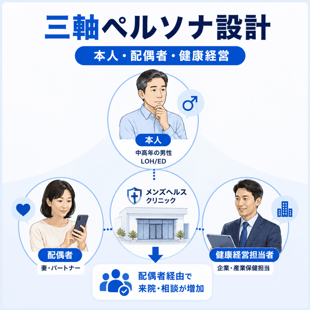 本人・配偶者・健康経営担当者の三軸ペルソナを分けて設計するメンズヘルス集患戦略のイラスト
