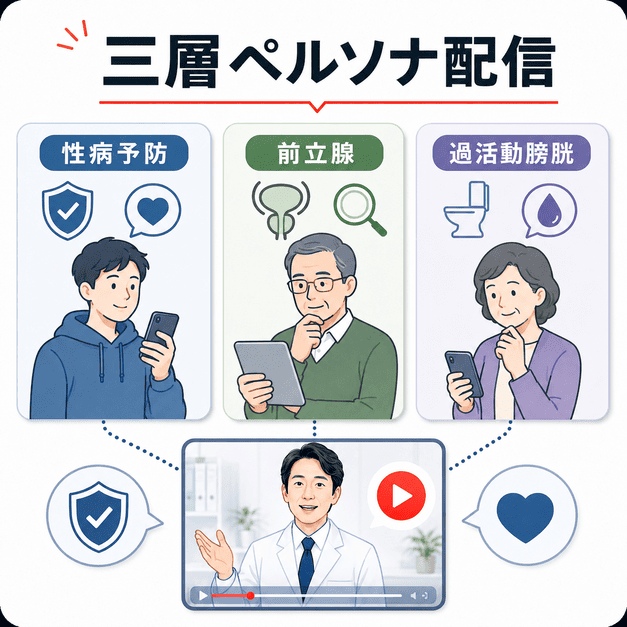 性病予防・前立腺・過活動膀胱の三層ペルソナに向けて、医師の動画配信で情報を届ける構成図