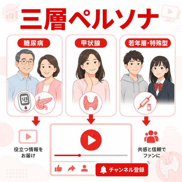 糖尿病患者、甲状腺疾患の女性、若年層など三層ペルソナに分けてYouTube配信を設計するイラスト
