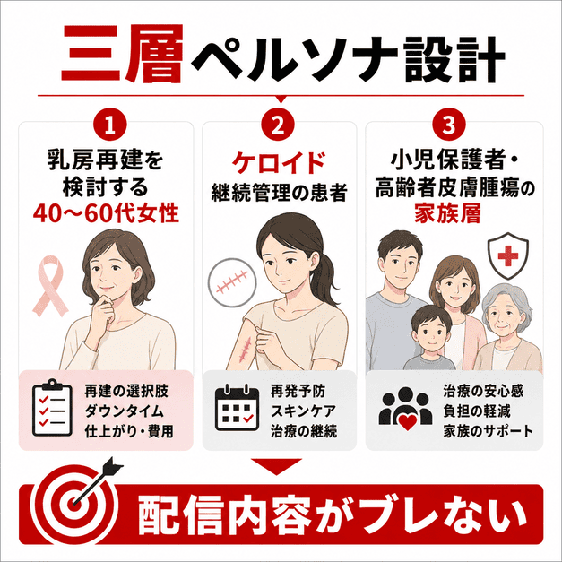 乳房再建、ケロイド継続管理、小児保護者・高齢者家族層の三層ペルソナを示す図