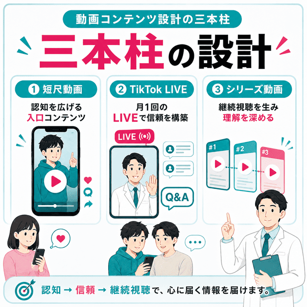 短尺動画、TikTok LIVE、シリーズ動画の三本柱で精神科動画コンテンツを設計する図解