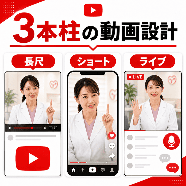 長尺動画・ショート動画・ライブ配信の3本柱でYouTube動画を設計する様子を表したイラスト