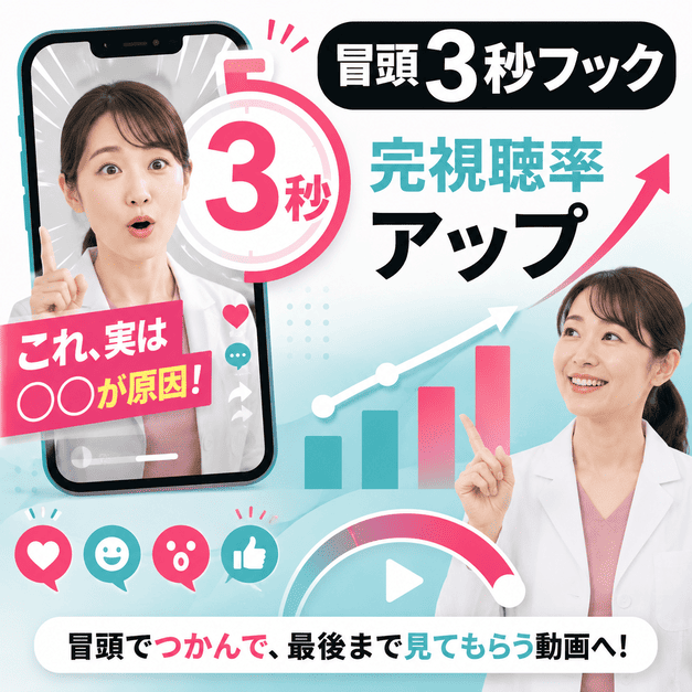 冒頭3秒フックと完視聴率向上を、スマホ動画と上昇グラフで表したイメージ