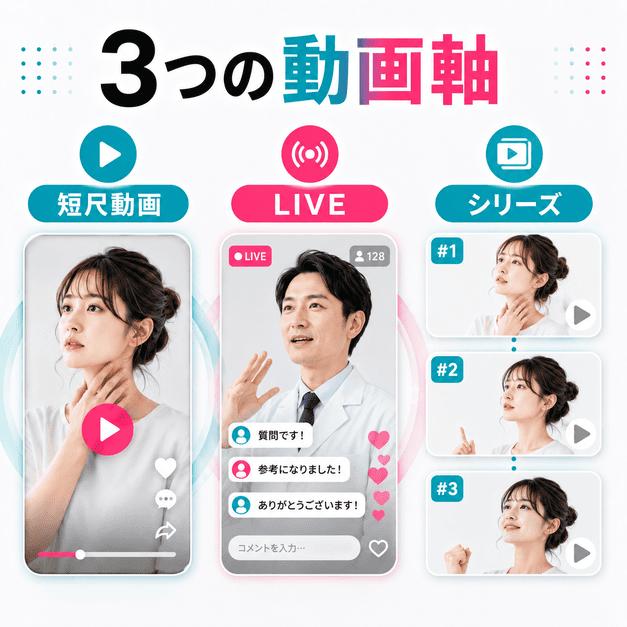 短尺動画、LIVE、シリーズ動画の3軸で糖尿病・内分泌内科のTikTokコンテンツを設計する図解