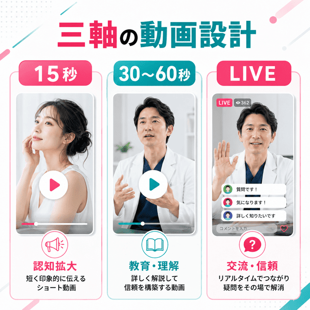 15秒動画、30〜60秒教育動画、TikTok LIVEの三軸で形成外科の動画コンテンツを設計する様子を示したイラスト