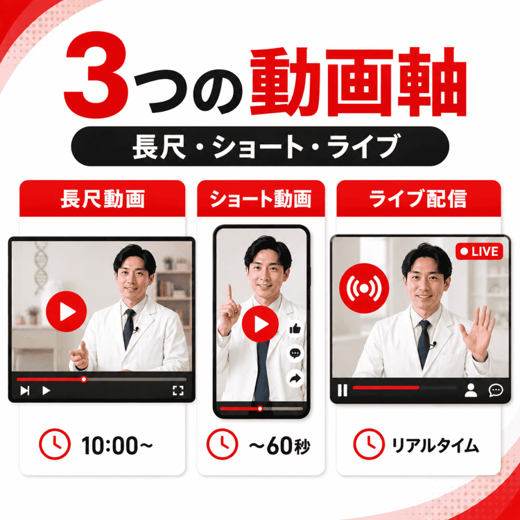 再生医療クリニックのYouTube動画を、長尺動画・ショート動画・ライブ配信の3軸で設計するイメージ