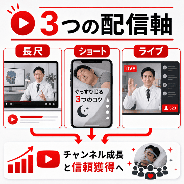 睡眠外来のYouTube運用で長尺動画、ショート動画、ライブ配信の三軸を使い分ける構成