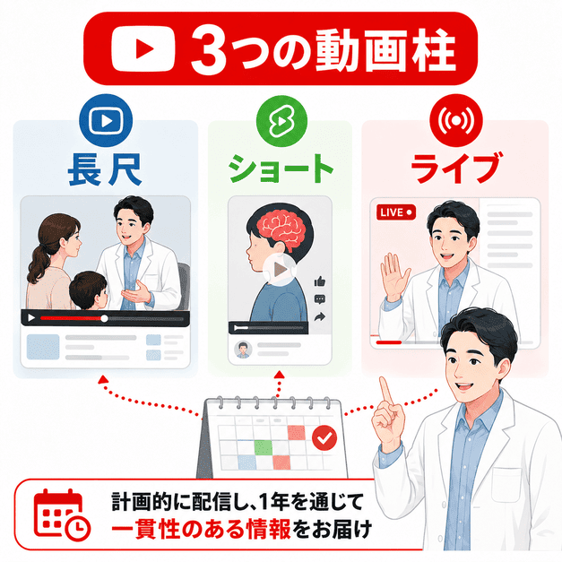 長尺動画・ショート動画・ライブ配信の三本柱で児童精神科クリニックの動画コンテンツを設計する様子を表したイラスト