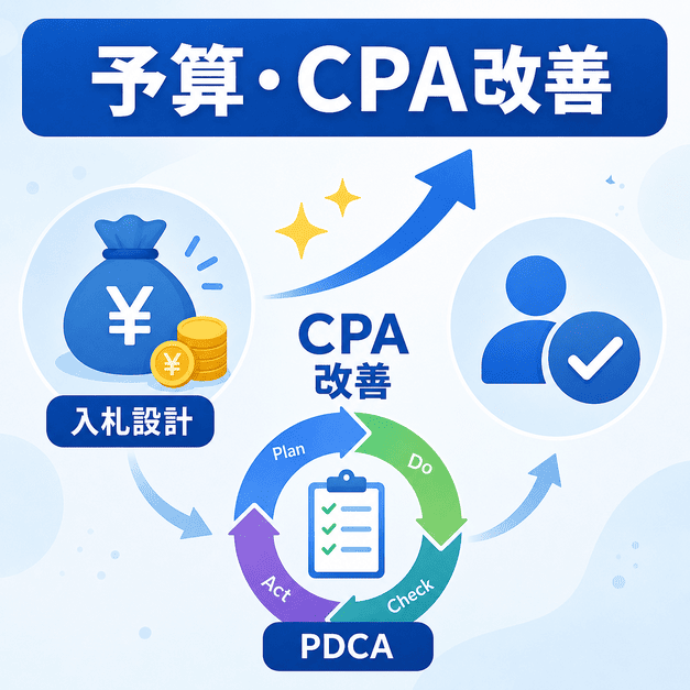 甲状腺専門広告の予算設計・入札調整・CPA改善の流れを表したイラスト