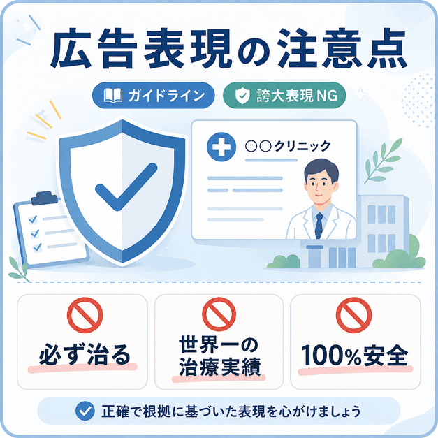 医療広告ガイドラインを踏まえ、甲状腺広告で誇大表現や断定表現を避ける注意点を表したイラスト