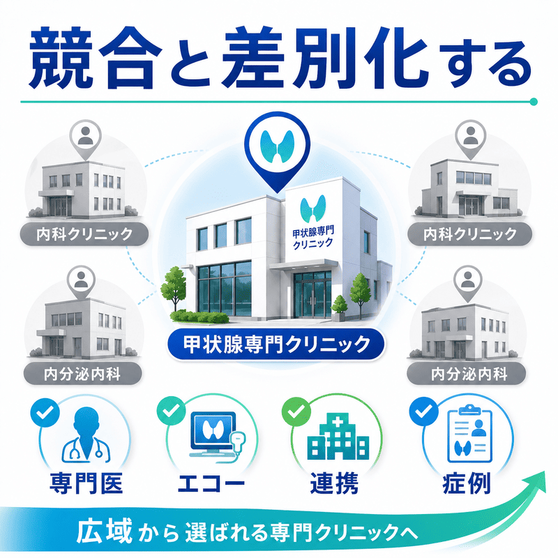 甲状腺専門クリニックが専門医、エコー、連携、症例数を軸に一般内科や内分泌内科と差別化する図