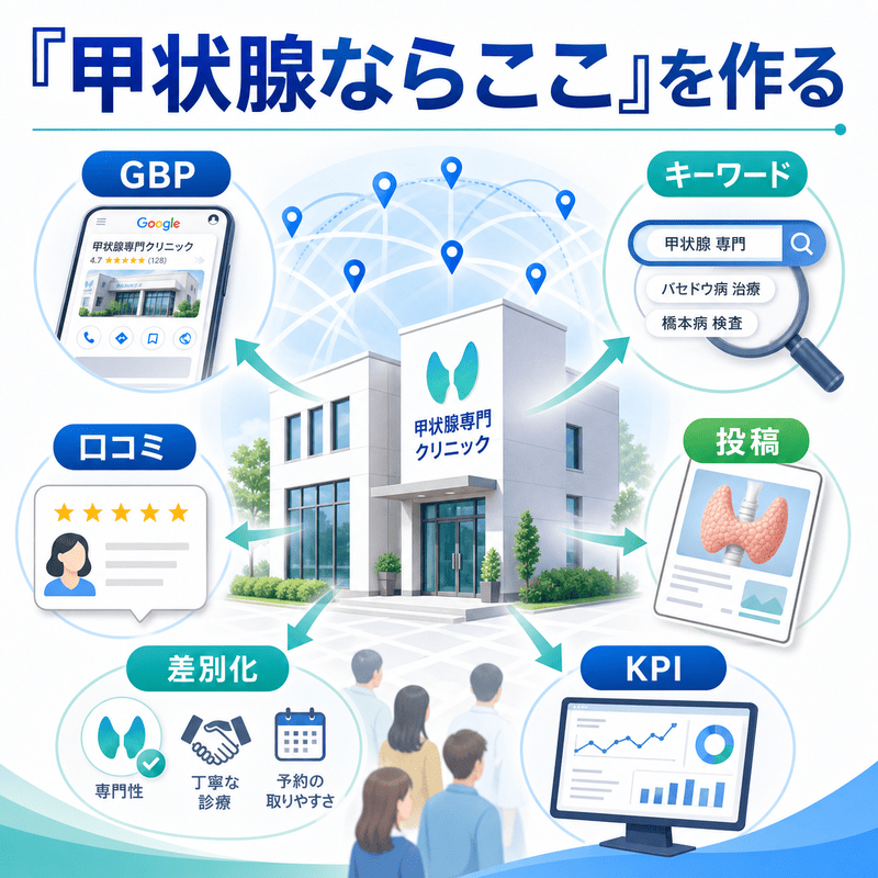 甲状腺専門クリニックがGBP、キーワード、口コミ、投稿、差別化、KPIを連動させて選ばれる状態を表した総合図