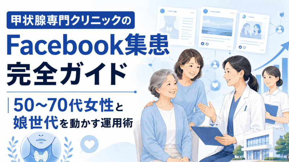 甲状腺専門クリニックのFacebook集患をテーマに、50〜70代女性と娘世代、医師、SNS投稿、成長グラフを描いたアイキャッチ画像