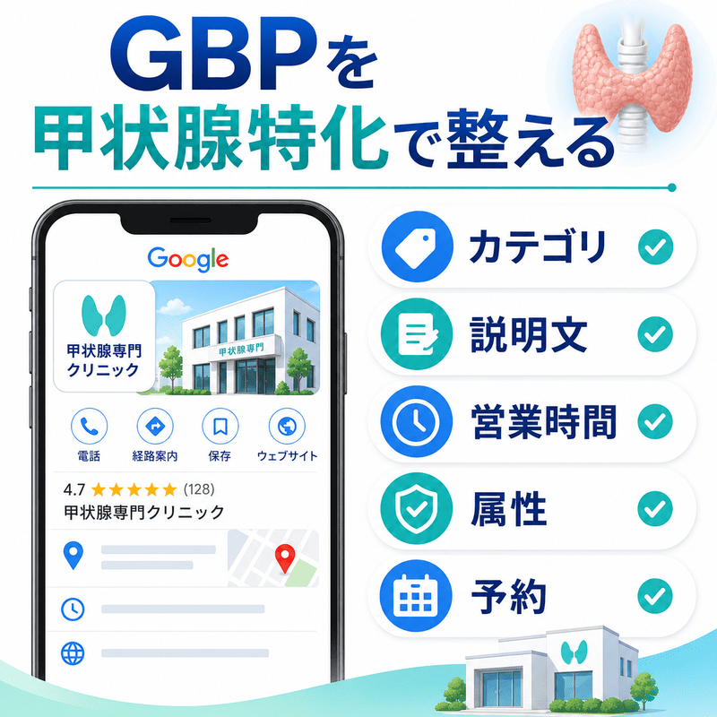 甲状腺専門クリニックのGoogleビジネスプロフィールでカテゴリ、説明文、営業時間、属性、予約情報を整える様子