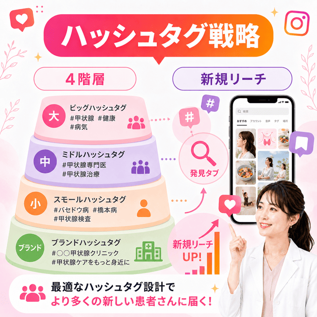 4階層のハッシュタグ設計と発見タブ経由の新規リーチ拡大を表したイラスト
