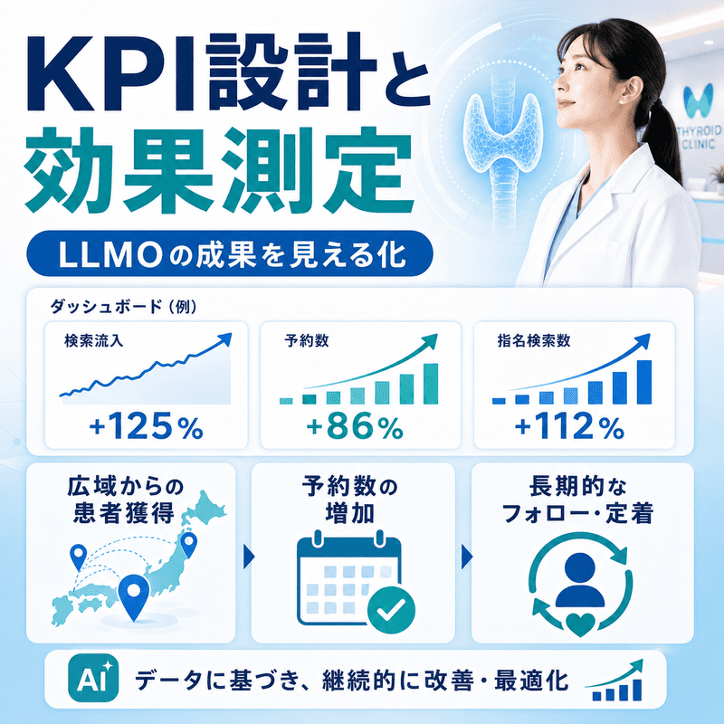 検索流入・予約数・指名検索数の伸びと、広域からの患者獲得や継続フォローを含むKPI測定をダッシュボード形式で示した図
