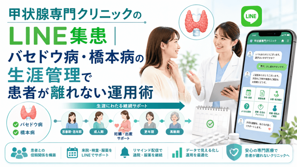 甲状腺専門クリニックがLINEを活用し、バセドウ病や橋本病の患者を長期的に支援するイメージ