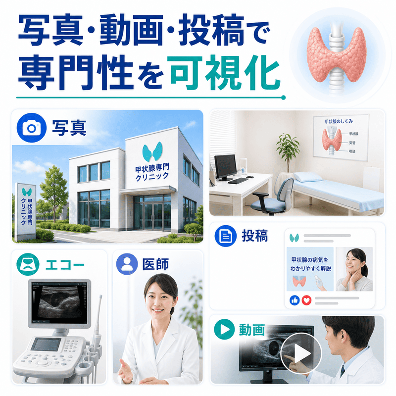 甲状腺専門クリニックの外観写真、院内写真、エコー機器、医師写真、投稿、動画で専門性を伝える図
