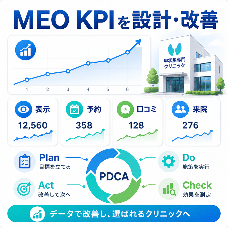 甲状腺専門クリニックのMEO効果を表示数、予約、口コミ、来院、PDCAで改善するKPIダッシュボード