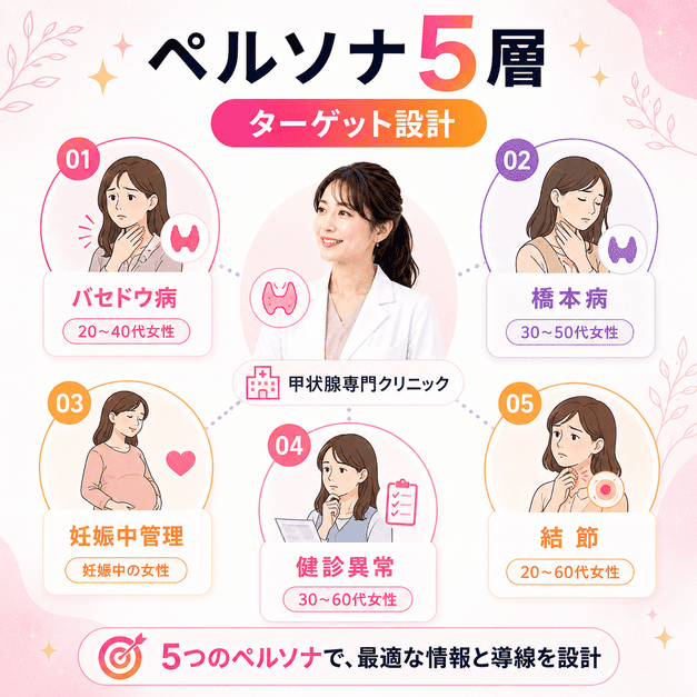バセドウ病・橋本病・妊娠中管理・健診異常・結節の5つの患者ペルソナを整理したイラスト
