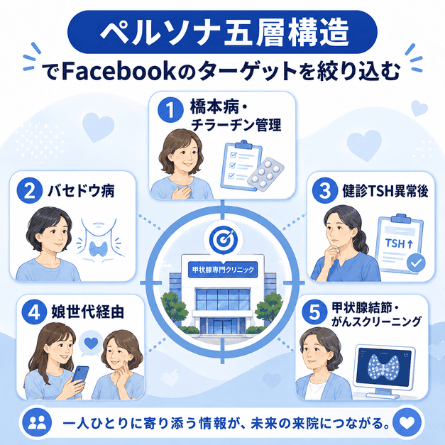 甲状腺専門クリニックのFacebook運用で想定する橋本病、バセドウ病、健診TSH異常後、娘世代、甲状腺結節の五層ペルソナを整理したイラスト