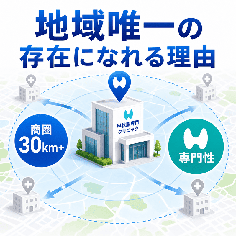 甲状腺専門クリニックが広域商圏と専門性を強みに地域唯一の存在として選ばれる理由を示した図