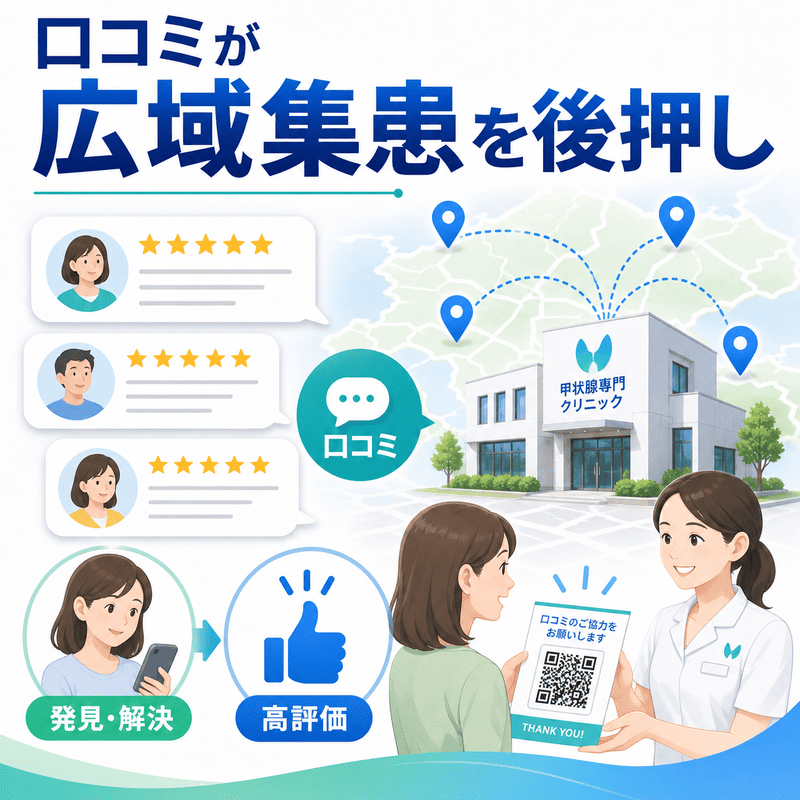 甲状腺専門クリニックの口コミが患者の発見や解決体験を伝え、広域からの集患を後押しする様子
